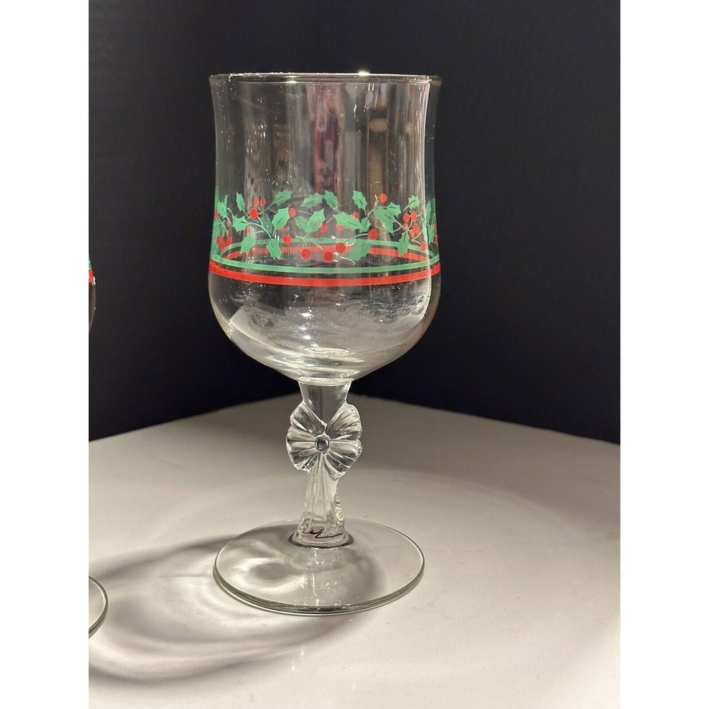 Arby’s Christmas Holly Berry Bow Stem Holly Vtg Goblets Libbey Parfait Bowl Set - Picture 10 of 16
